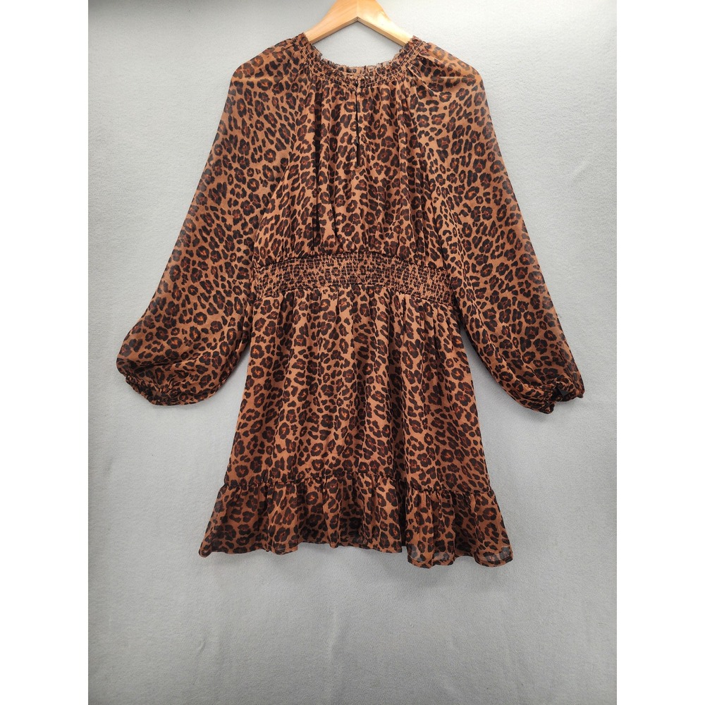 Old Navy Leopard Print Smocked Mini Dress Lined Medium Brown Long Sleeve Chiffon